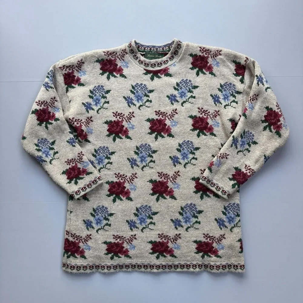 Y2K Vintage Sweater Dana Scott Womens Large Roses Cottagecore Granny Shabby Chic - Picture 2 of 9